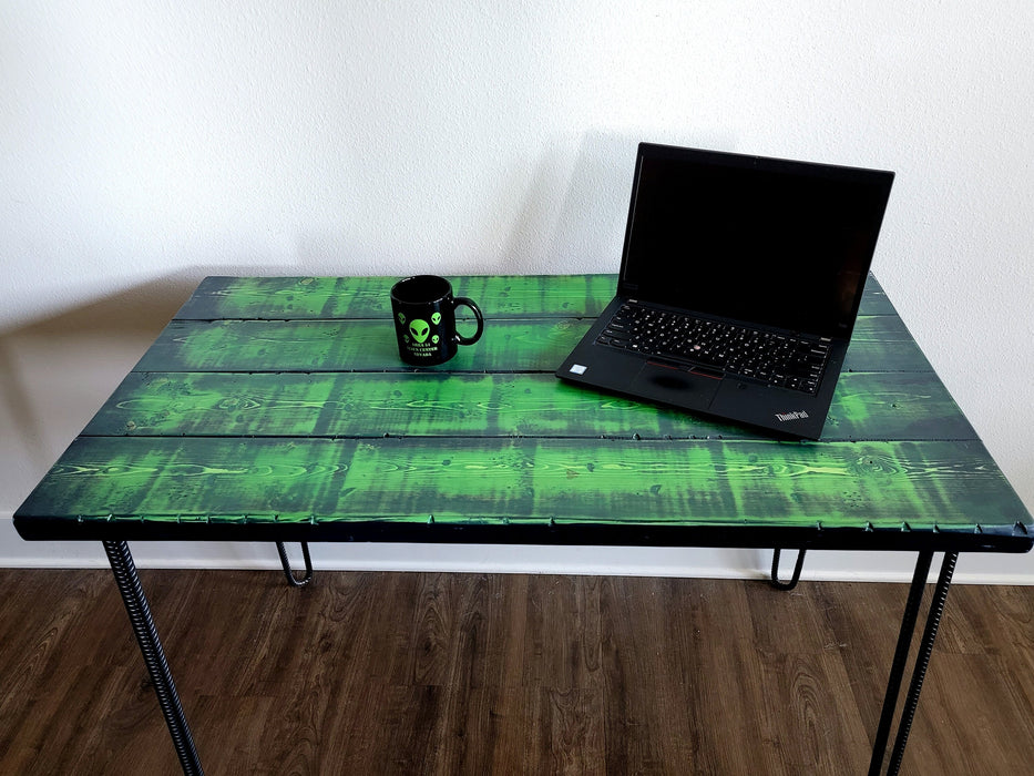 Sale! Alien Green Reclaimed Distressed Industrial Wood Desk with rebar hairpin legs