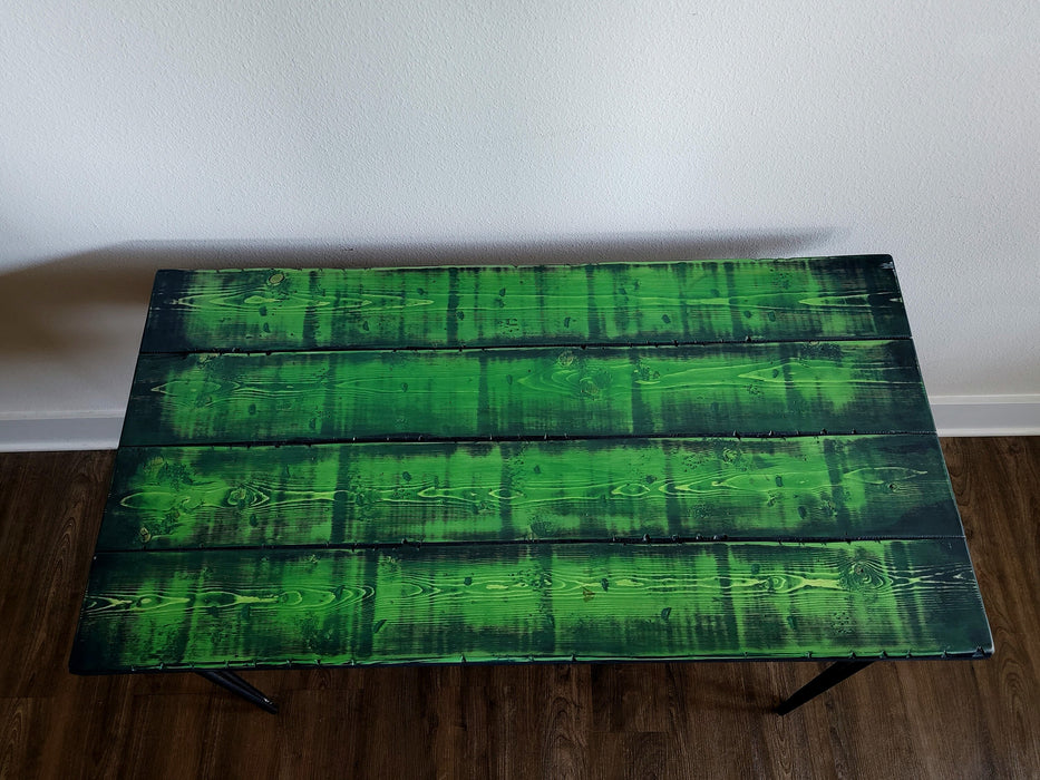 Sale! Alien Green Reclaimed Distressed Industrial Wood Desk with rebar hairpin legs