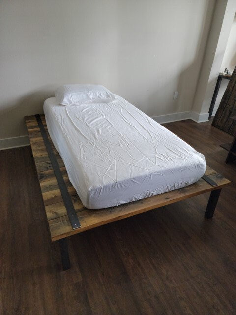 Clearance Sale! Rustic Platform Bed Reclaimed Distressed Solid Wood and Steel