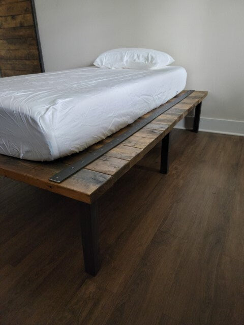 Clearance Sale! Rustic Platform Bed Reclaimed Distressed Solid Wood and Steel