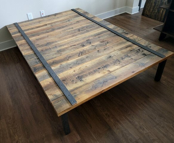 Clearance Sale! Rustic Platform Bed Reclaimed Distressed Solid Wood and Steel