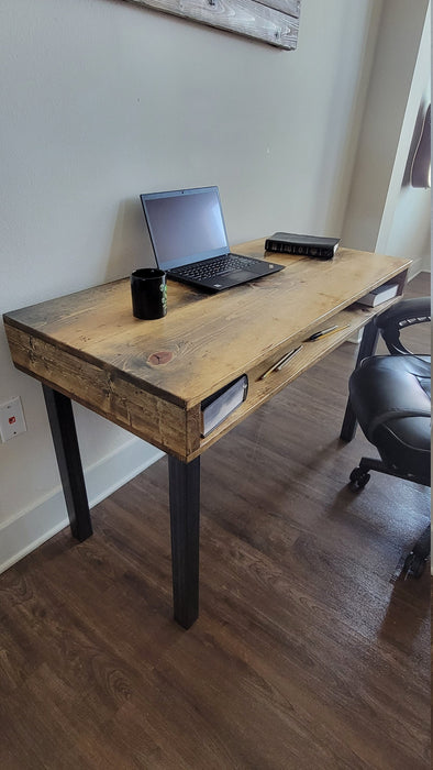 Clearance Sale! Industrial Desk, Reclaimed Distressed Wood with Straight Steel Legs