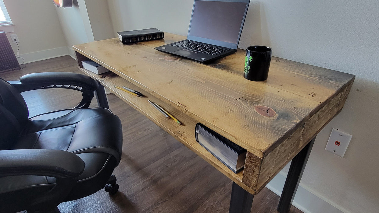 Clearance Sale! Industrial Desk, Reclaimed Distressed Wood with Straight Steel Legs