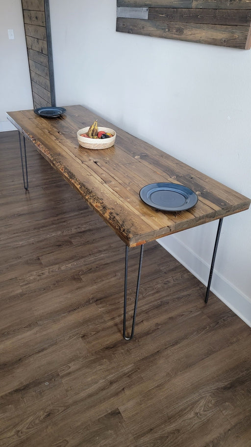 Clearance Sale! Alive Edge Reclaimed Distressed Dining Table with Rebar Hairpin Legs with Live Edges