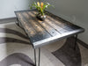 Tortured Reclaimed Distressed Custom Made Industrial Coffee Table, Wood, raw steel trim and rebar hairpin legs