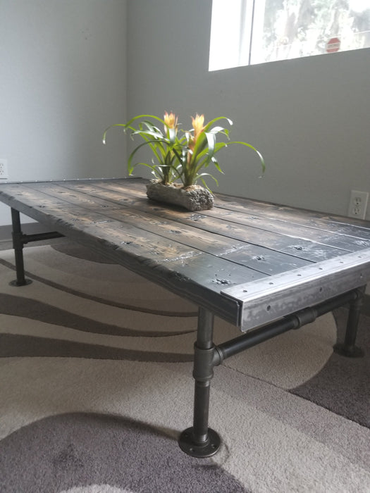 Gothic Tortured Reclaimed Distressed Custom Made Industrial Coffee Table, Wood, raw steel trim and pipe legs
