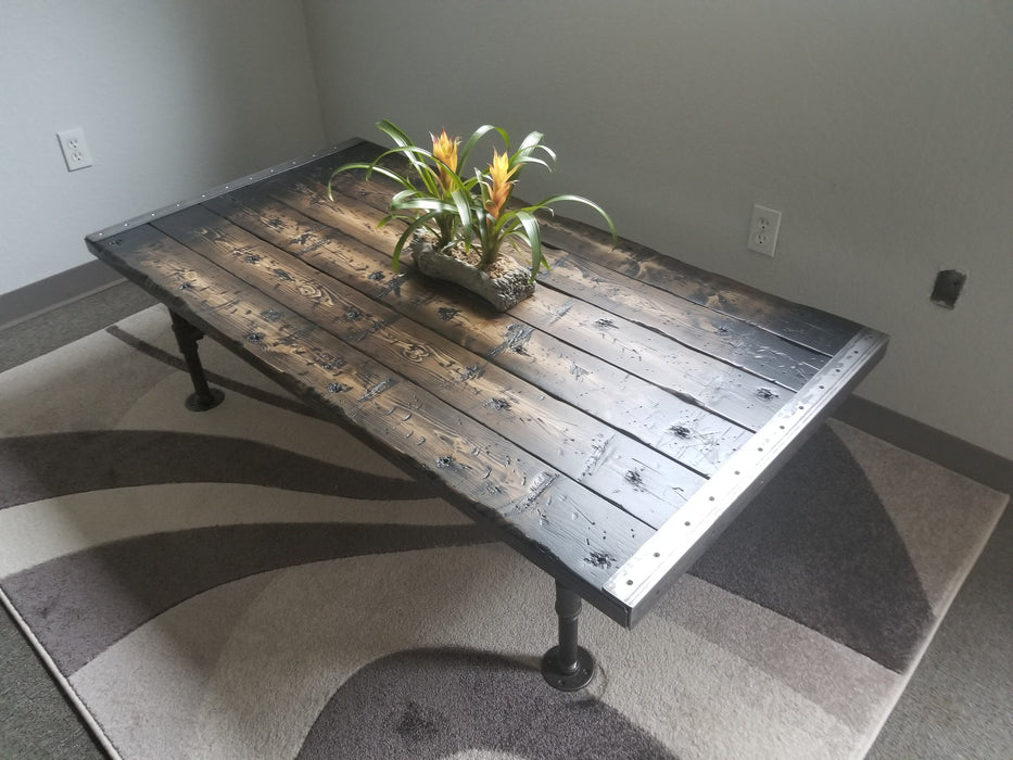 Gothic Tortured Reclaimed Distressed Custom Made Industrial Coffee Table, Wood, raw steel trim and pipe legs