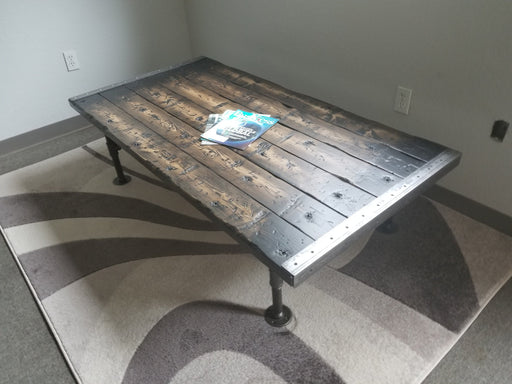 Gothic Tortured Reclaimed Distressed Custom Made Industrial Coffee Table, Wood, raw steel trim and pipe legs