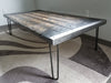 Tortured Reclaimed Distressed Custom Made Industrial Coffee Table, Wood, raw steel trim and rebar hairpin legs