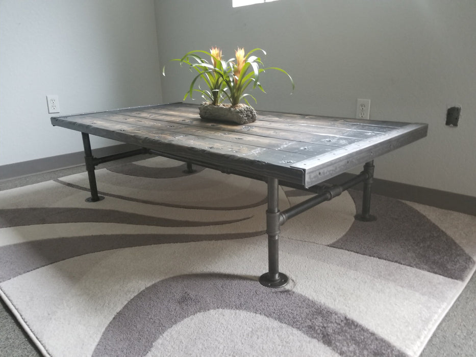 Gothic Tortured Reclaimed Distressed Custom Made Industrial Coffee Table, Wood, raw steel trim and pipe legs