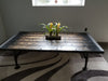 Gothic Tortured Reclaimed Distressed Custom Made Industrial Coffee Table, Wood, raw steel trim and pipe legs