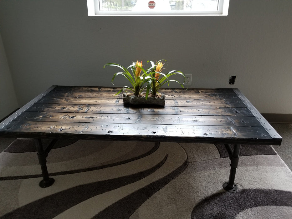 Gothic Tortured Reclaimed Distressed Custom Made Industrial Coffee Table, Wood, raw steel trim and pipe legs