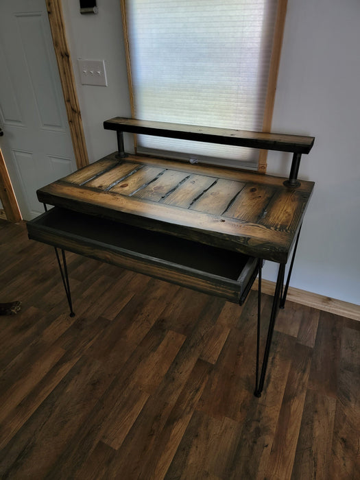 Lightly Tortured Desk with Drawer, Riser, and 3-Rod Hairpin Legs