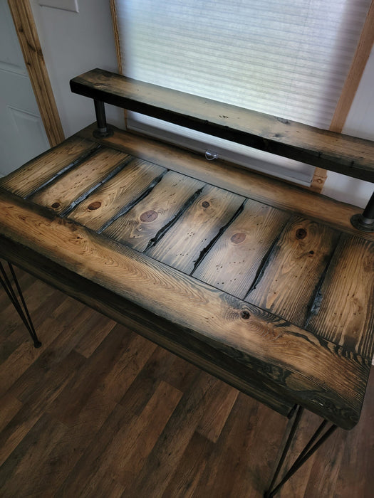 Lightly Tortured Desk with Drawer, Riser, and 3-Rod Hairpin Legs