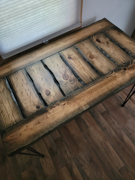 Lightly Tortured Desk with Drawer, Riser, and 3-Rod Hairpin Legs