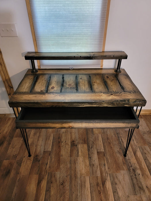 Lightly Tortured Desk with Drawer, Riser, and 3-Rod Hairpin Legs