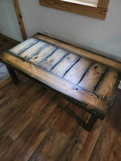 Lightly Tortured Reclaimed Distressed Industrial Coffee Table made with Solid Wood and 2x2 legs legs