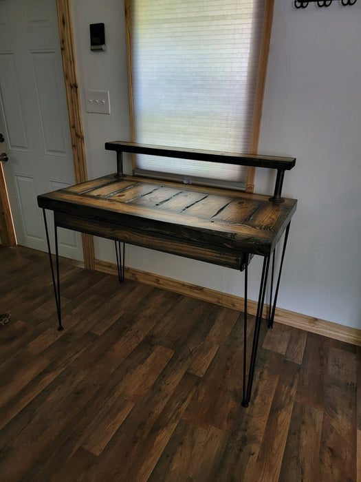 Lightly Tortured Desk with Drawer, Riser, and 3-Rod Hairpin Legs