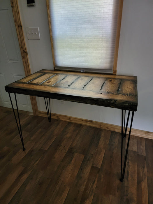 Lightly Tortured Reclaimed Distressed Pub Height Counter Height Industrial Wood Dining Table with rebar hairpin legs